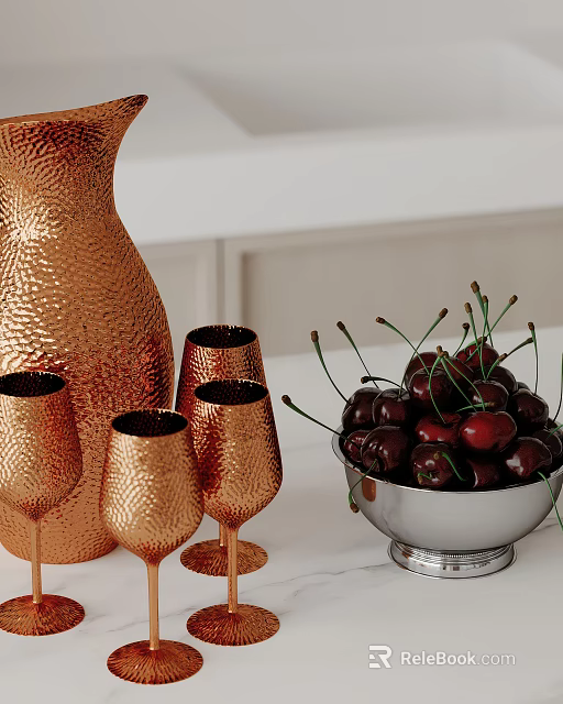Stylish Tabletop Decor With Copper Vase Wine Glasses And Silver Bowl Of Fresh Cherries 3d model 
