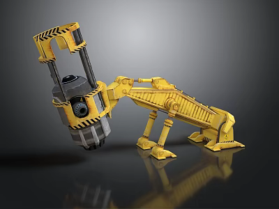 Yellow Mechanical Robotic Arm With Black Warning Stripes And Industrial Design Structure 3d model