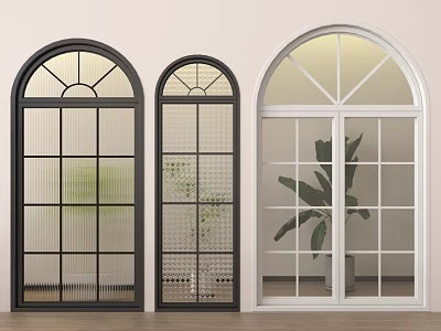 Arched French Windows In Black White Frames With Grid Glass Designs 3d model
