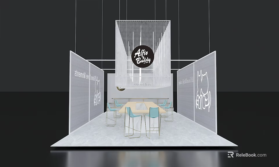 Modern Exhibition Booth Featuring White Hanging Design Circular Allo Baby Logo And Display Tables 3d model 