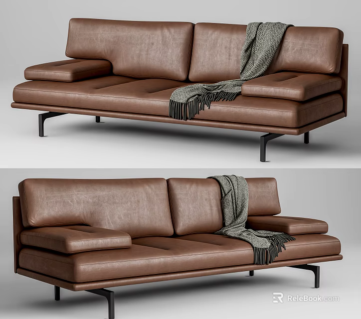 Modern Brown Leather Two Seater Sofa With Gray Throw Blanket And Black Legs 3d model 