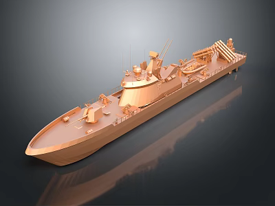 Detailed Warship Model on Reflective Surface with Copper Colored Hull and Deck 3d model