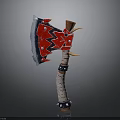 Fantasy Battle Axe With Red Head Black Zigzag Pattern And Spiked Handle Design