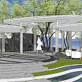 Modern Garden Landscape With Curved White Roof Trees And Striped Pavement Seating Area