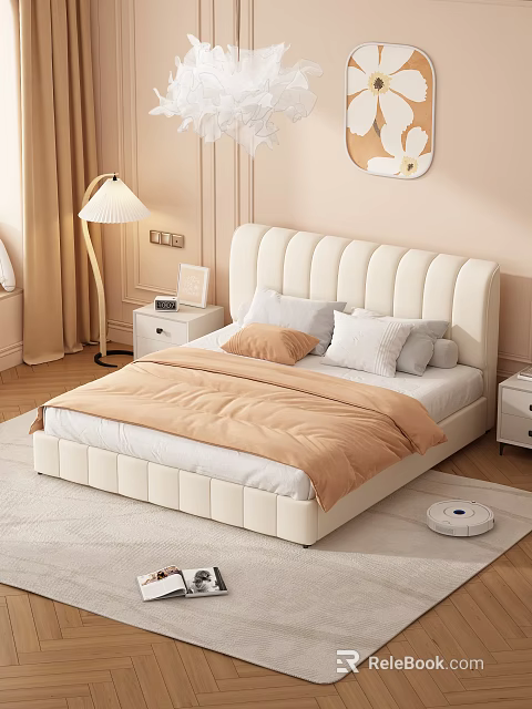 Upholstered Double Bed with Tufted Headboard Beige Comforter Pillows Nightstands Floor Lamp Round Wall Art 3d model 