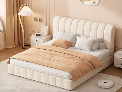 Upholstered Double Bed with Tufted Headboard Beige Comforter Pillows Nightstands Floor Lamp Round Wall Art 3d model