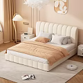 Upholstered Double Bed with Tufted Headboard Beige Comforter Pillows Nightstands Floor Lamp Round Wall Art