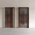 Dark Brown Solid Wood Swing Doors With Carved Patterns And Metal Handles 3d model