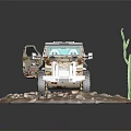 Camouflage Off Road Vehicle with Cactus and Rocks on Desert Terrain