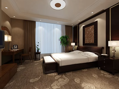 Elegant Hotel Room Interior With King Bed Decorative Painting Green Plant And Carpet 3d model