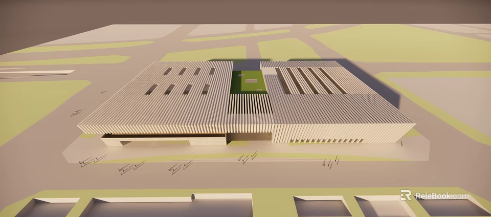 Modern Building Exterior With Striped Roof Design And Central Green Courtyard 3d model 