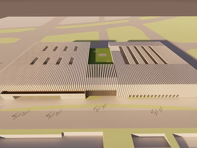 Modern Building Exterior With Striped Roof Design And Central Green Courtyard 3d model