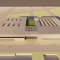 Modern Building Exterior With Striped Roof Design And Central Green Courtyard