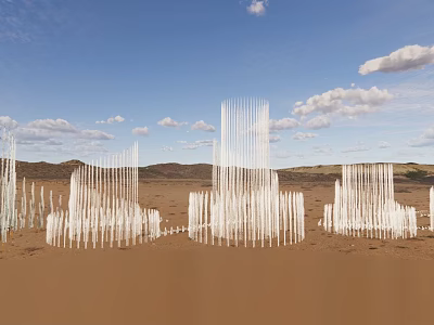 Tall White Glass Desert Fountain Structures Under Blue Sky With Clouds And Distant Mountains 3d model