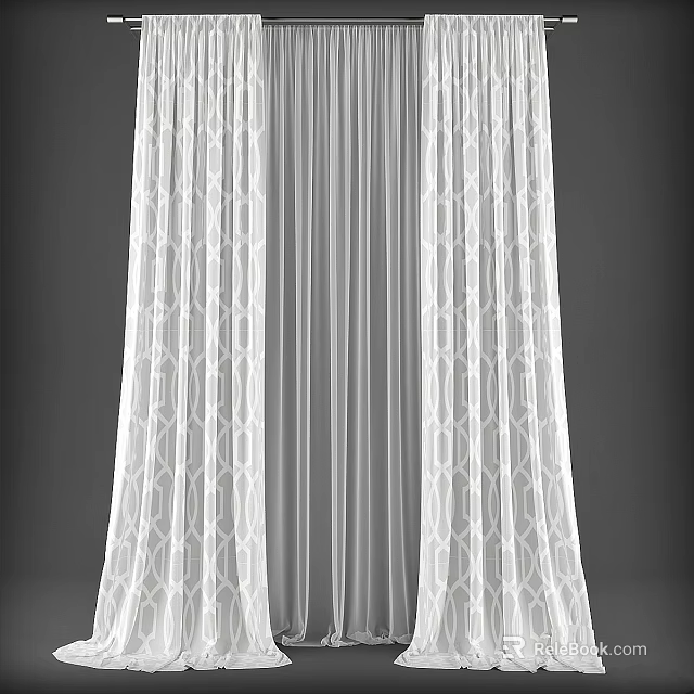 White Sheer Curtains With Geometric Pattern Design Light Filtering Elegant Home Decor For Windows 3d model