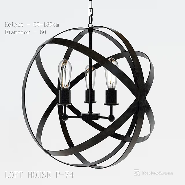 Black Metal Spherical Chandelier With Three Edison Bulbs and Circular Frame 3d model 