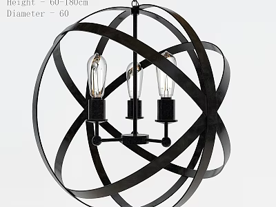 Black Metal Spherical Chandelier With Three Edison Bulbs and Circular Frame 3d model