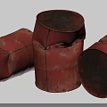 Three Old Red Worn Metal Oil Drums As Household Storage Items