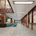 Traditional Chinese Style Lobby With Wooden Ceiling Glass Doors And Marble Floor