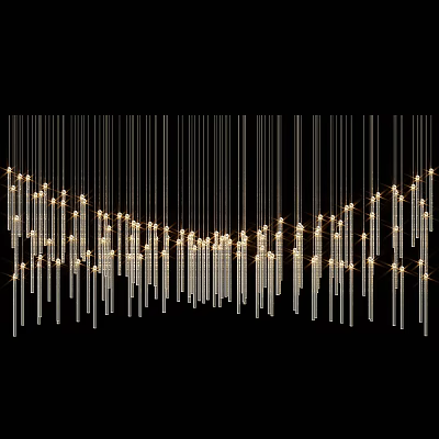 Modern Crystal Chandelier With Vertical Metallic Strands And Illuminated Hanging Pendant Lights 3d model
