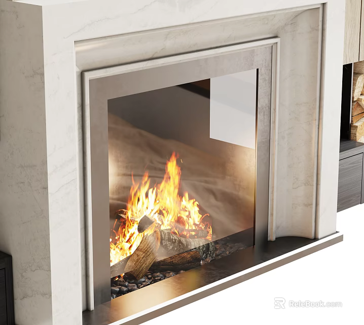 Modern Marble Fireplace With Burning Flames And Wood Logs Inside Design 3d model 