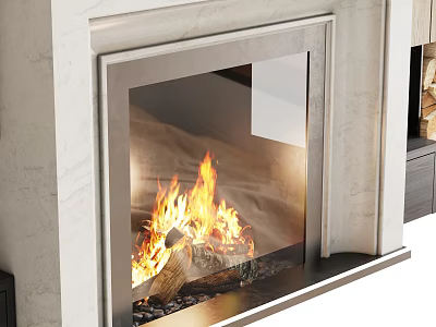 Modern Marble Fireplace With Burning Flames And Wood Logs Inside Design 3d model