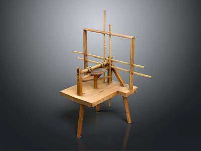 Wooden Mechanical Device With Frame Structure And Metal Rods On Platform Base 3d model