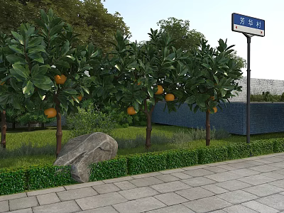 Scenic Garden View with Orange Trees Green Grass Large Rock and Stone Pavement 3d model