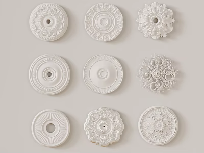 White Decorative Ceiling Medallions With Various Ornate Patterns And Different Designs 3d model