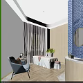 SPA Sauna Interior With Massage Bed Green Plants Pink Curtains And Blue Armchair