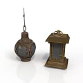 Antique Metal Lanterns Featuring Spherical And Square Shapes With Ornate Details