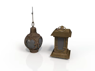 Antique Metal Lanterns Featuring Spherical And Square Shapes With Ornate Details 3d model