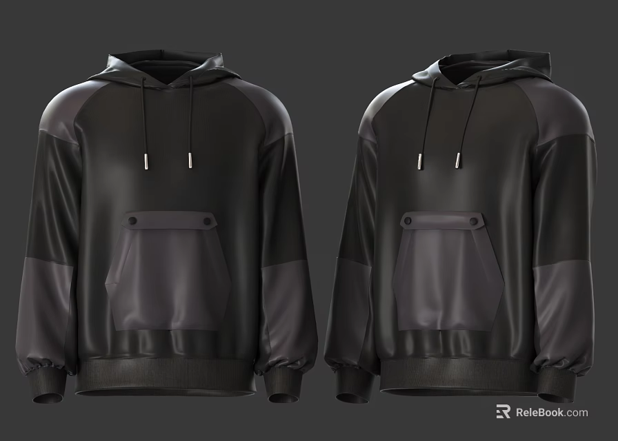 Stylish Black Gray Patchwork Hoodie With Front Pocket And Drawstrings 3d model 