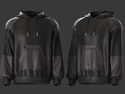 Stylish Black Gray Patchwork Hoodie With Front Pocket And Drawstrings 3d model