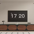 Wooden TV Stand With Circular Panels Holding TV And Devices On Decorative Wall