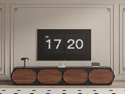 Wooden TV Stand With Circular Panels Holding TV And Devices On Decorative Wall 3d model