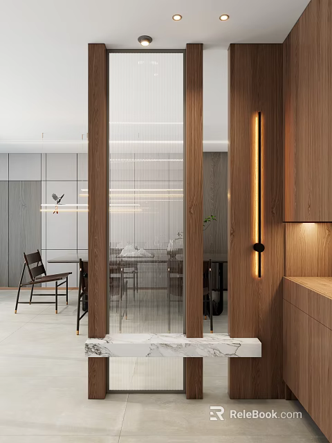 Modern Interior Glass Partition Design With Wooden Frame And Ambient Lighting 3d model 