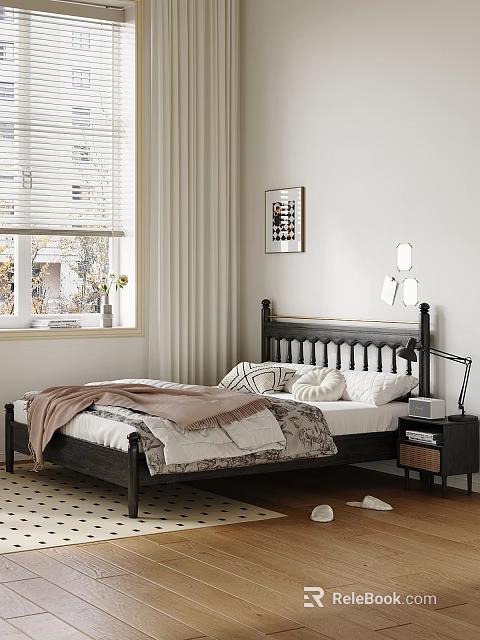 Black Frame Double Bed With White Bedding Throw Blanket Nightstand Table Lamp And Wall Art 3d model 