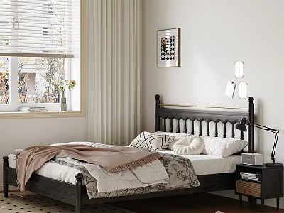 Black Frame Double Bed With White Bedding Throw Blanket Nightstand Table Lamp And Wall Art 3d model