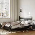 Black Frame Double Bed With White Bedding Throw Blanket Nightstand Table Lamp And Wall Art