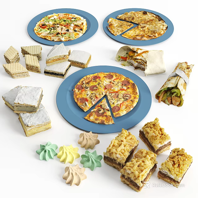 Assorted Delicious Foods Featuring Pizza Sandwiches Cakes Wraps And Meringues 3d model 