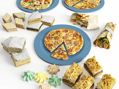 Assorted Delicious Foods Featuring Pizza Sandwiches Cakes Wraps And Meringues 3d model