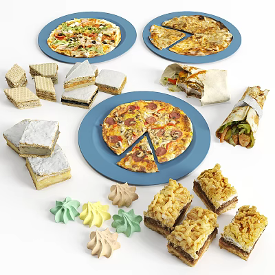 Assorted Delicious Foods Featuring Pizza Sandwiches Cakes Wraps And Meringues 3d model