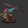 Detailed Blue Skinned Red Armored Spear Wielding Game Movie Character In Dynamic Stance