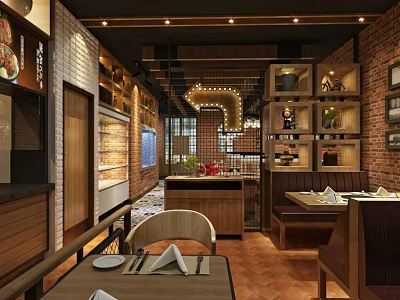 Rustic Restaurant Interior Design With Wooden Tables Brick Walls And Pendant Lights 3d model