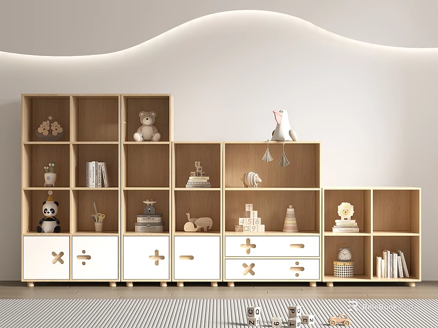 Modern Wooden Bookcase With Multiple Compartments White Drawers And Stuffed Toys Books Decorative Items 3d model 