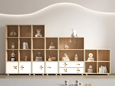 Modern Wooden Bookcase With Multiple Compartments White Drawers And Stuffed Toys Books Decorative Items 3d model