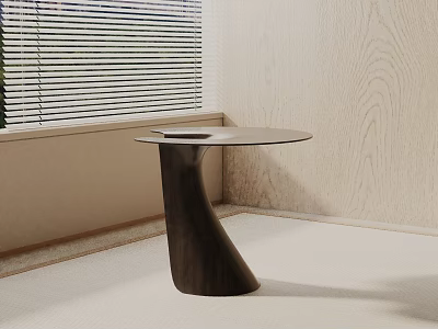 Modern Minimalist Side Table With Round Top And Unique Dark Wooden Base Near Window With Blinds 3d model