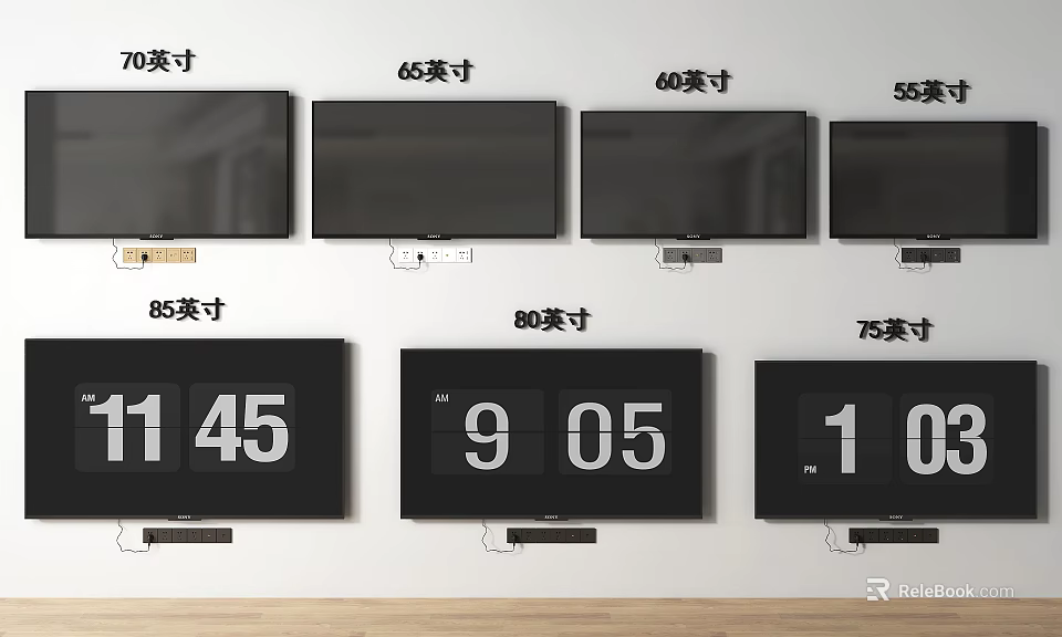 Televisions Featuring Multiple Size Options Wall Mounted And Digital Time 3d model 