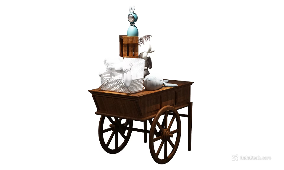 Wooden Island Cabinet With Wheels Featuring White Swan Ornament And Blue Statue 3d model 